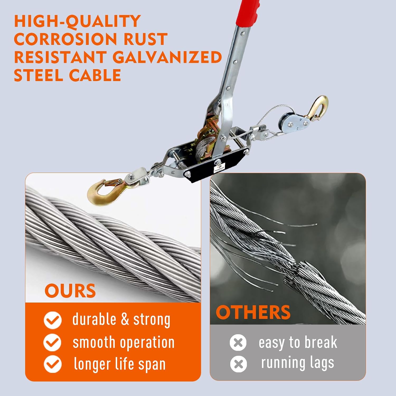 Come Along Winch,2 Ton(4410 Lbs) Capacity with 6.6FT Steel Cable 2 Hooks | Hand Winch Cable with Dual Gears, Power