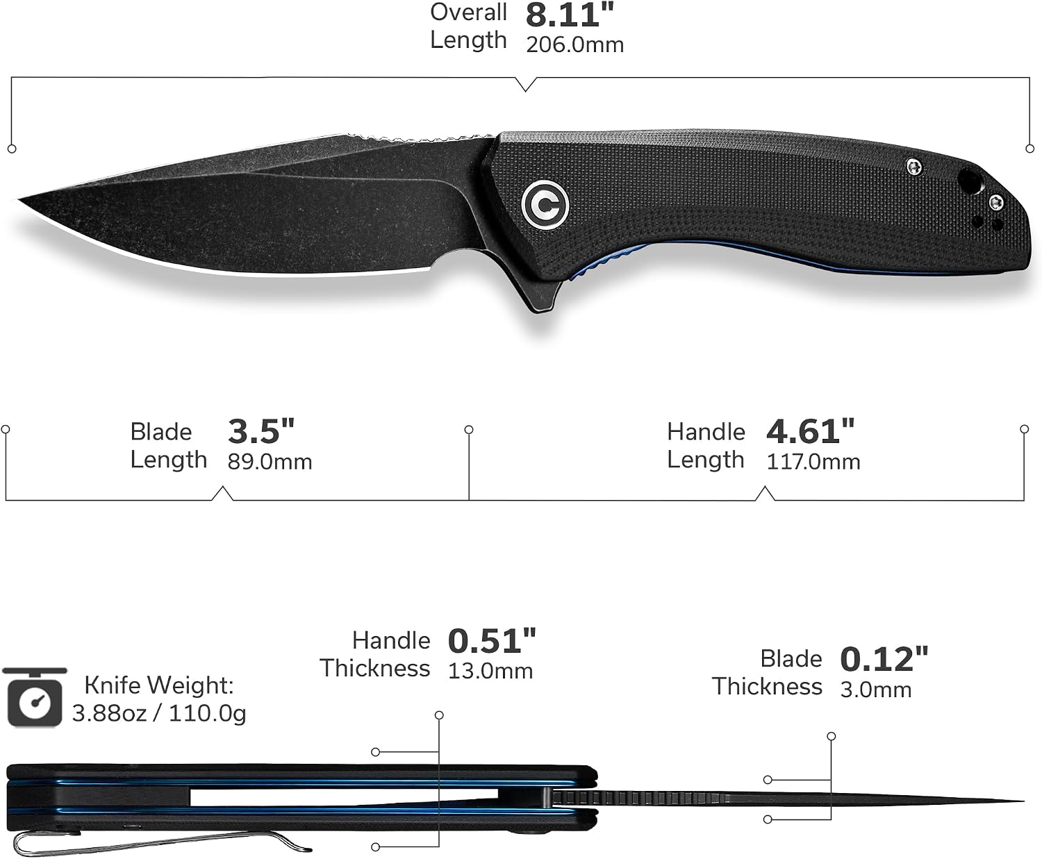 Baklash Folding Pocket Knife, 3.5" Blade G10 Handle C801H | 9Cr18MoV Steel, Reversible Clip, Liner Lock