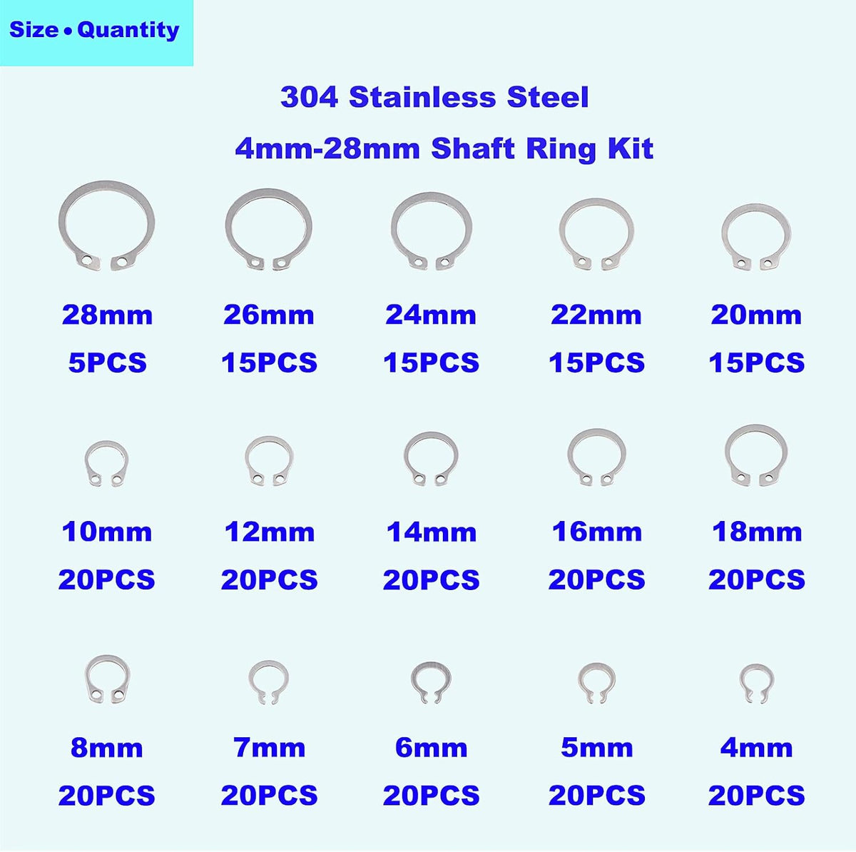 265PCS Metric 304 Stainless Steel C-Clips External Retaining Ring Kit