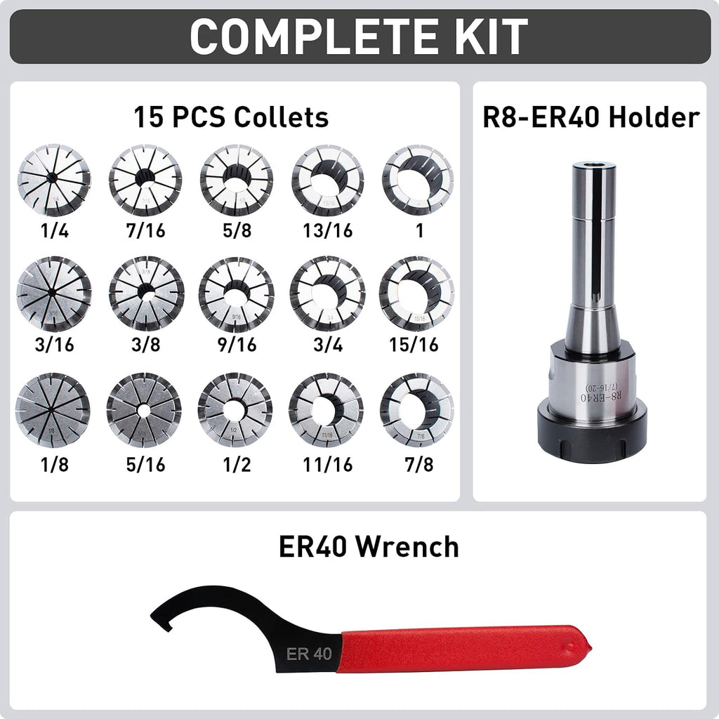 R8 ER40 Collet Chuck Set with 15 PCS Collets (0.0004'' Accuracy)