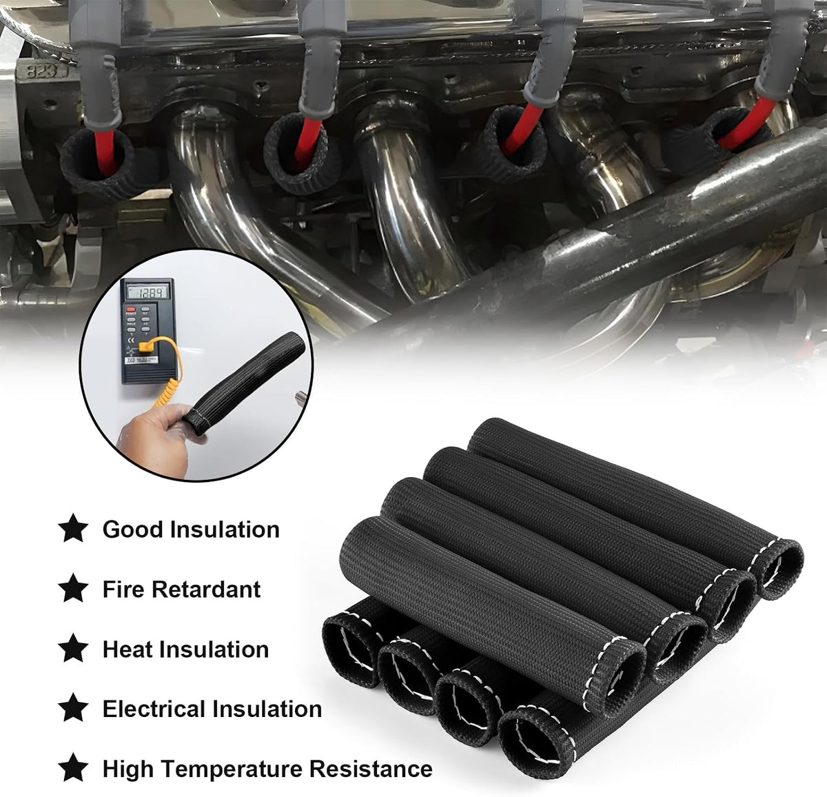 JUSTTOP 8PCS Spark Plug Wire Heat Shield Sleeve 2500°Spark Plug Heat Shield Sleeve,6 Inch Spark Plug Heat Sleeve Protection Cover Replacement for LS1/LS2 SBC BBC 350 454(Black)