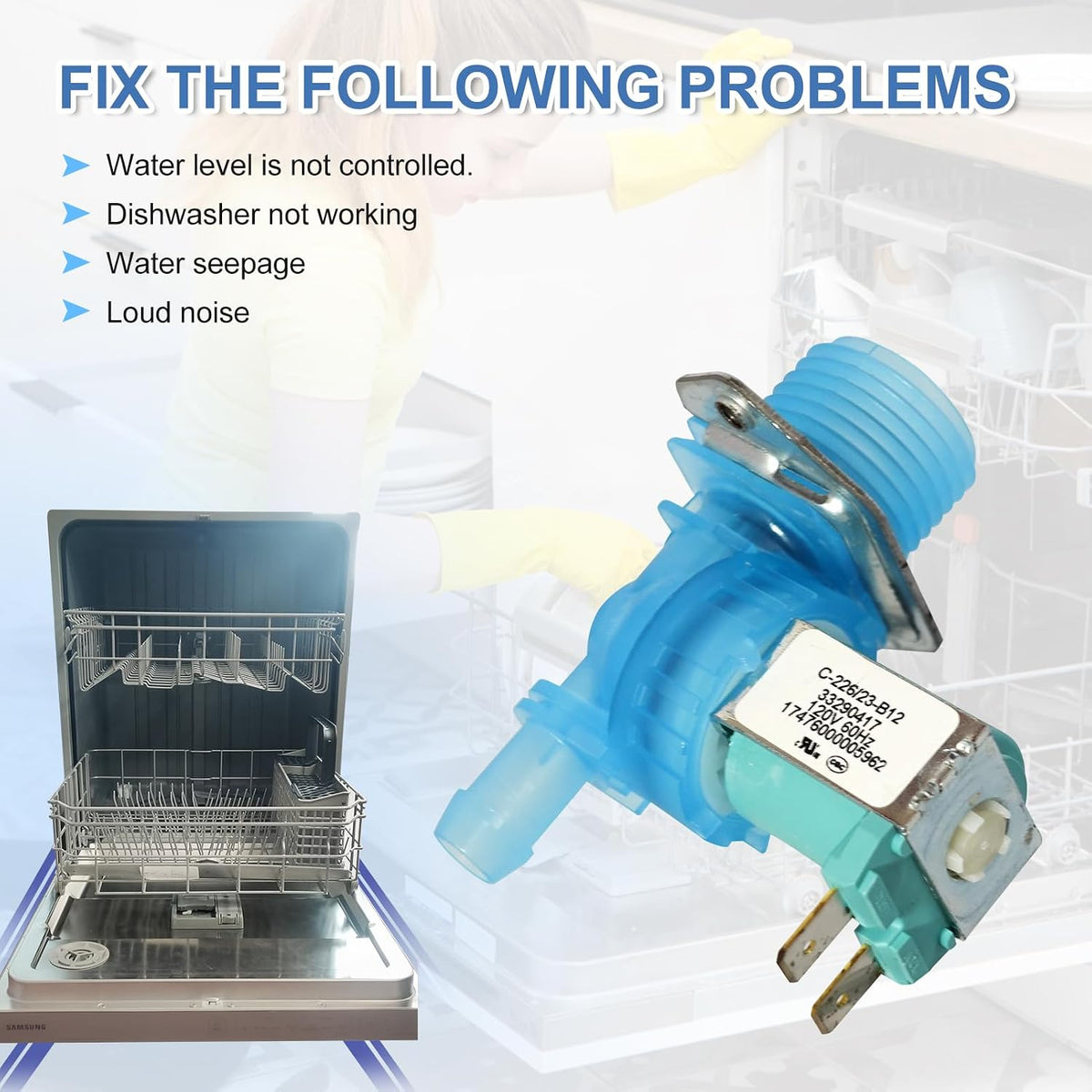 DD81-02065A Dishwasher Water Inlet Valve Replace OEM Parts 33290417 17476000005962 Compatiable For Samsung Dishwasher DW80K7050/DW80K5050,DW80R5060,DE80R5061,DE80T5040 Series