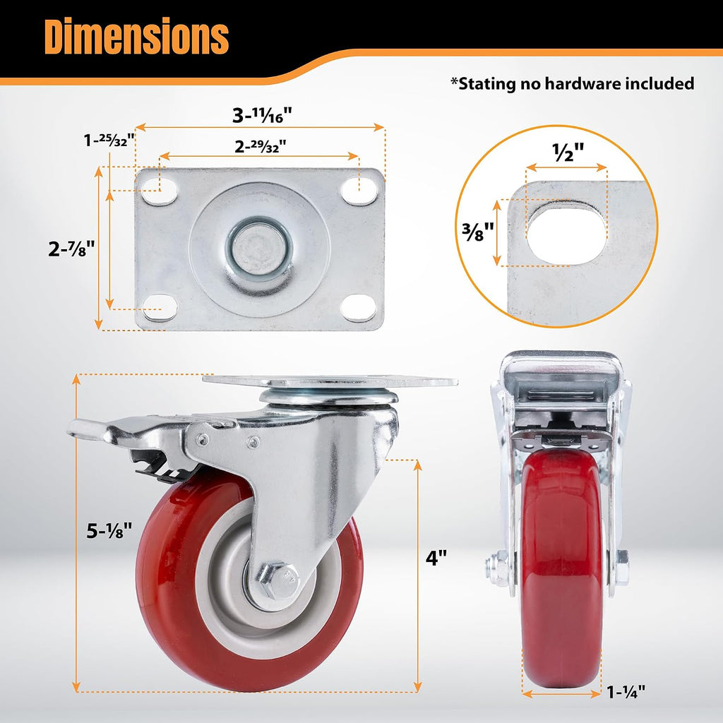4" Swivel Caster Wheels Set of 4 with Dual Locking Brake, Heavy Duty Plate Casters, 1763 lbs Static Load, for