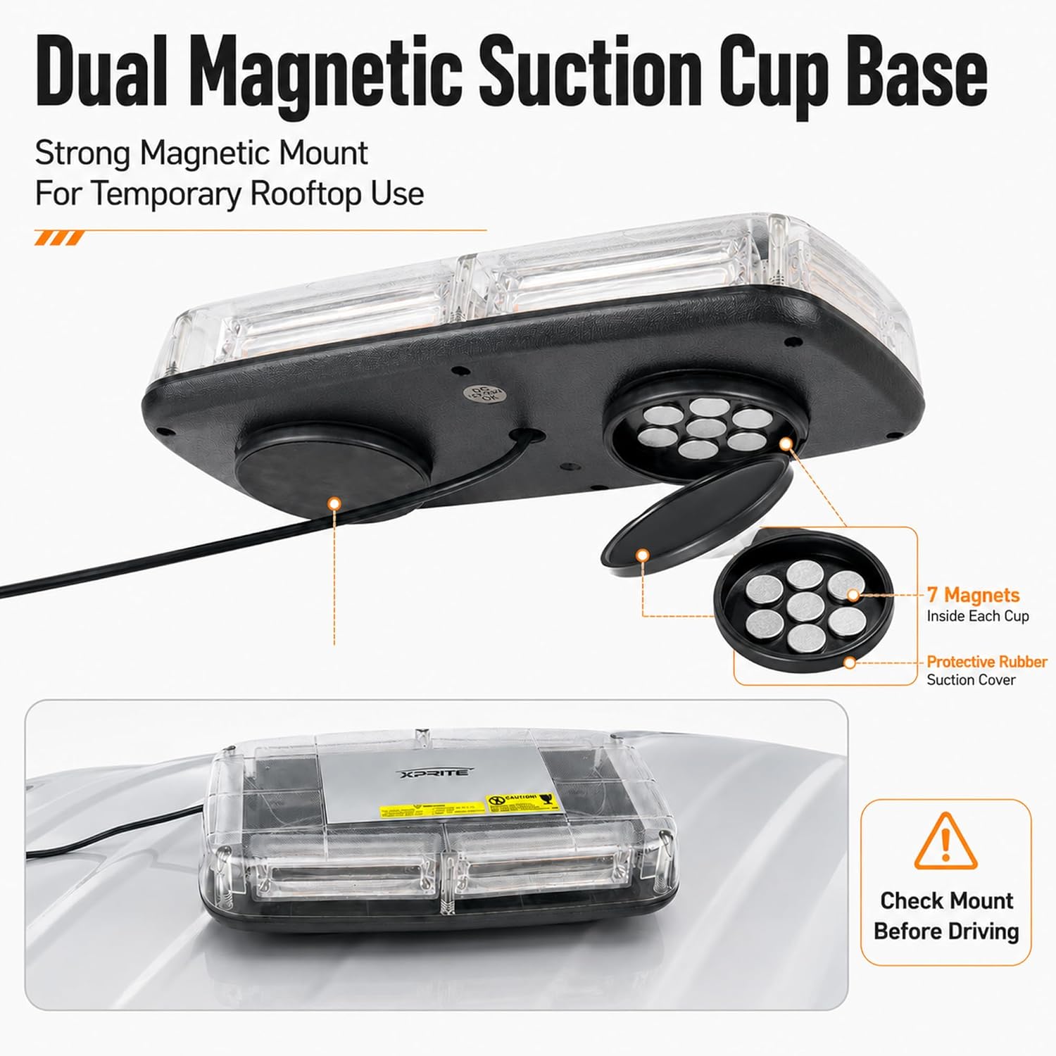 Amber COB LED Rooftop Strobe Beacon Light, 12V Magnetic Base Caution Lightbar with 19 Flash Patterns for Construction