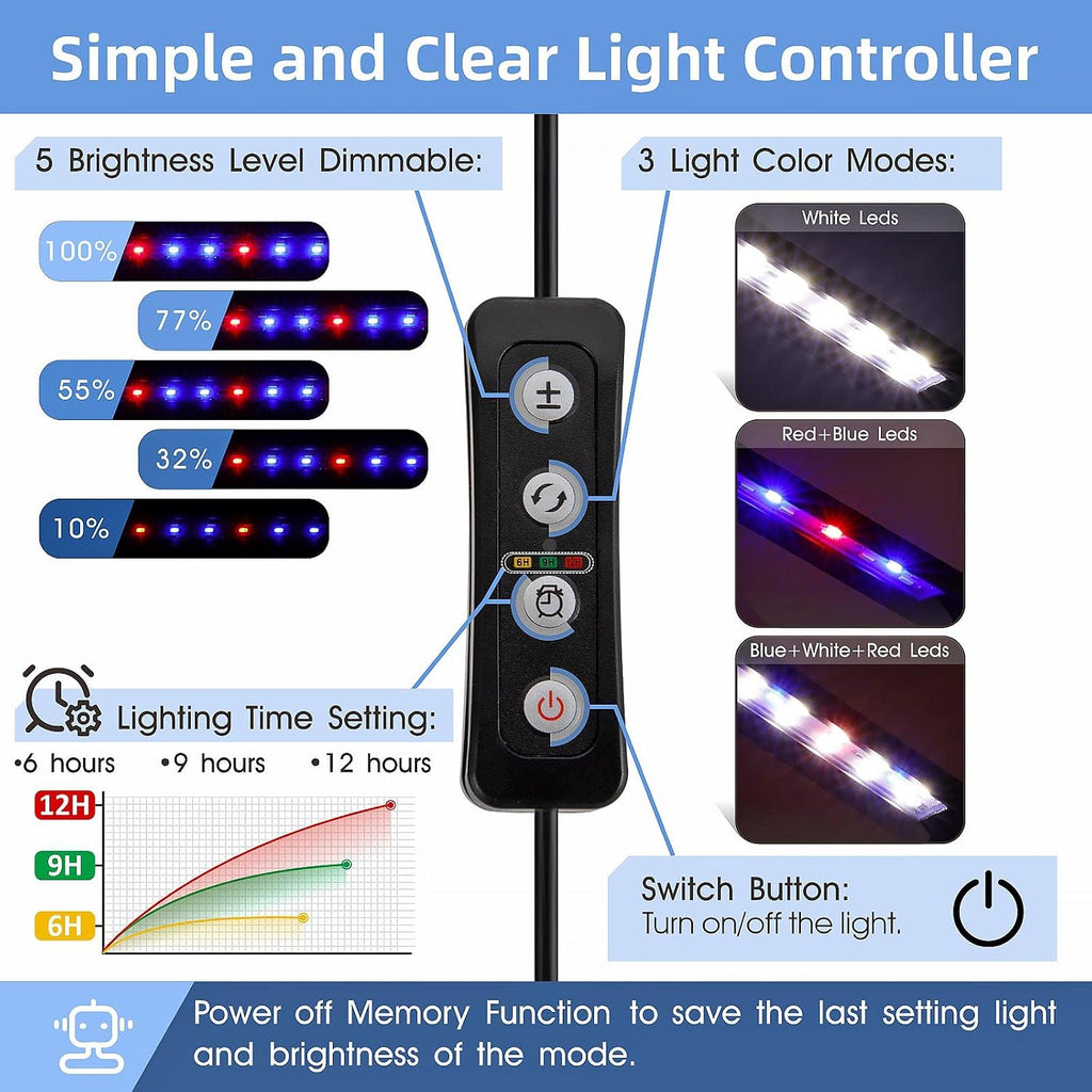 0.5-5 Gallon Nano Tank Mini Clip-on Aquarium Light with White Blue Red LEDs Fish Tank Lighting Built-in Timer 5