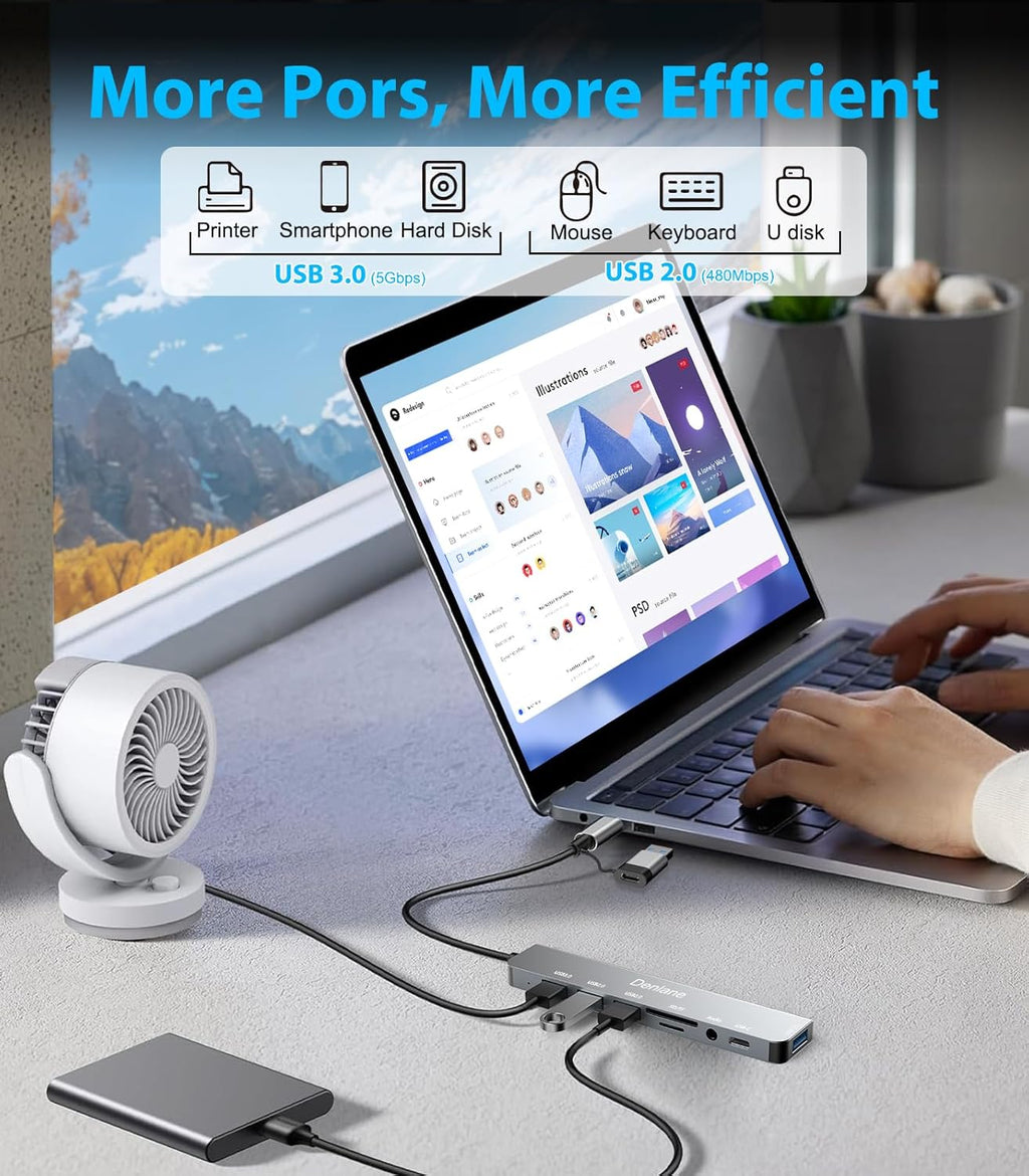 USB C Hub USB Hub 3.0 for Laptop, Upgrade 8 in 2 USB Splitter with USB-C/4 USB A Port Extender, TF/SD Card Slot