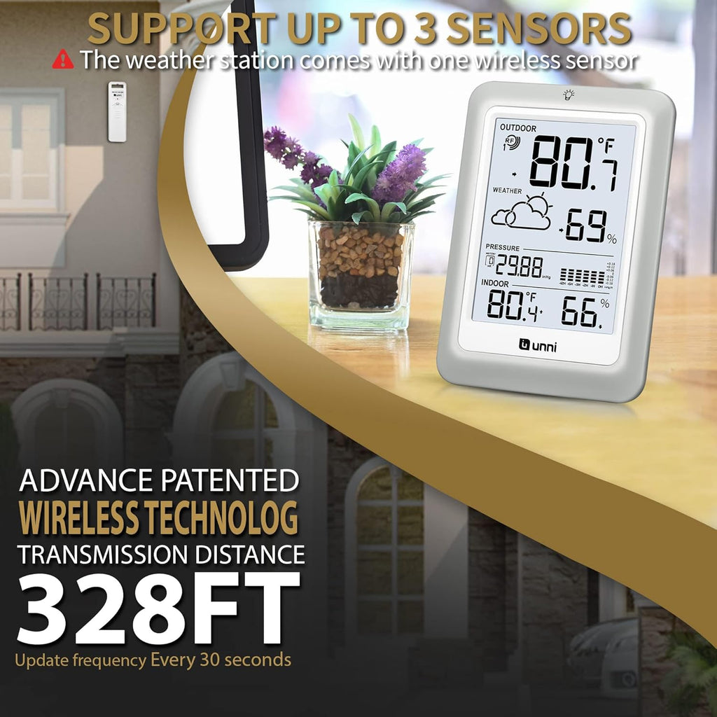 Indoor Outdoor Thermometer Wireless Weather Station 330ft Sensor | 330ft Range Sensor and Adjustable Brightness