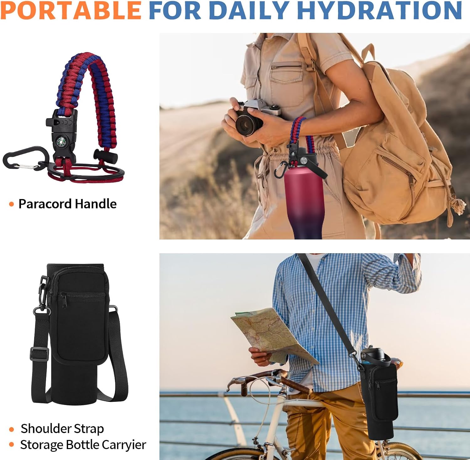Insulated Water Bottle 40 oz - Fits in any Car Cup Holder, Keep Cold 48H Hot 24H, Stainless Steel Waterbottle Double