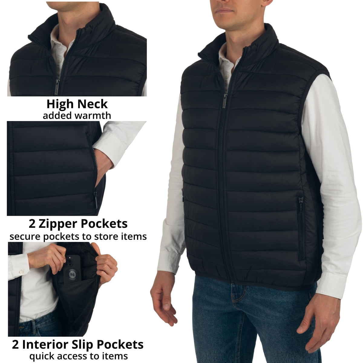 Clark Mens Puffer Vest Down Alternative Water Resistant Packable Outerwear Zip Up Pockets Warm Versatile Layer BLK Large