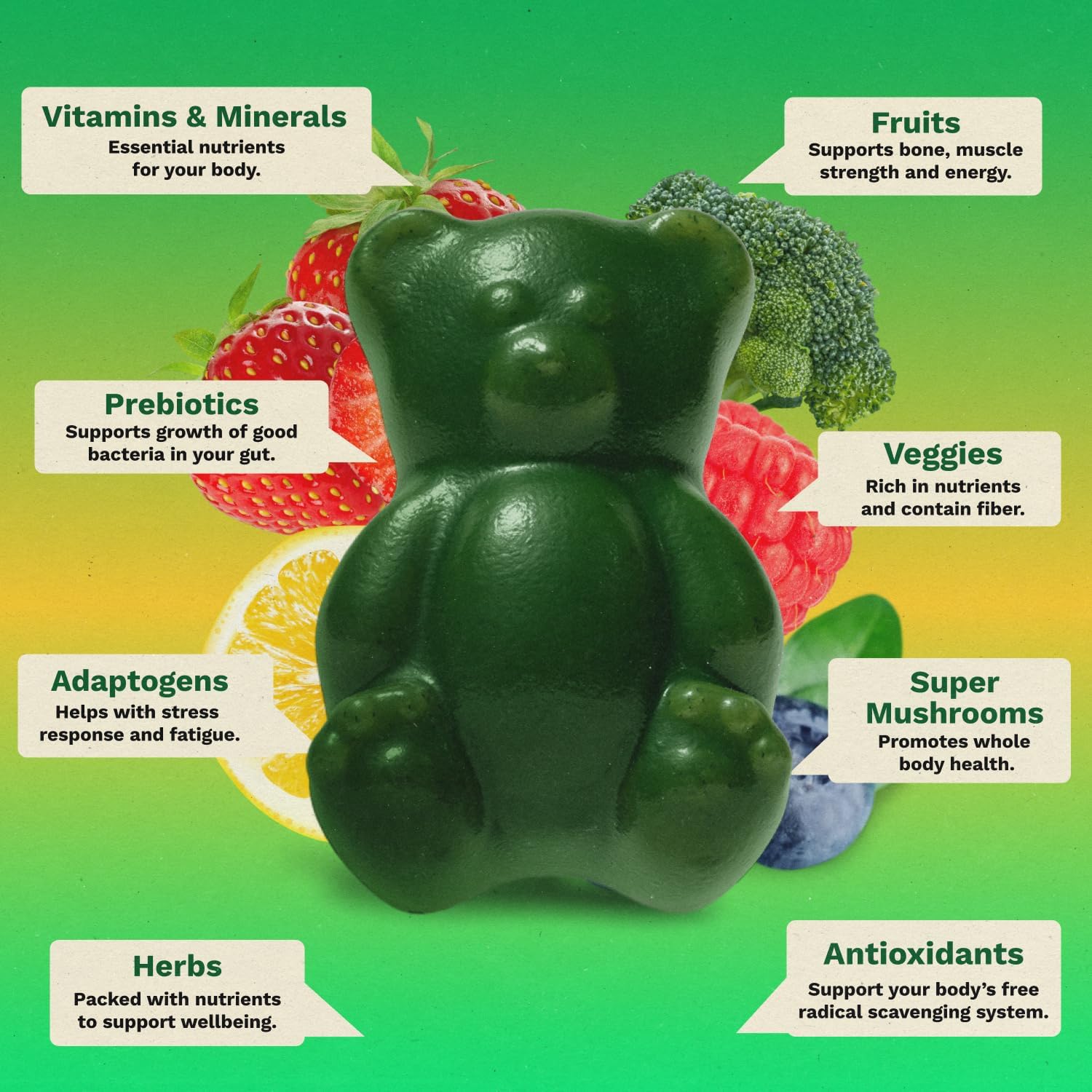 Gruns Adults Super Greens Gummies, Multivitamin Superfood Gummy Bears, Spirulina, Chlorella, Prebiotics & Fiber