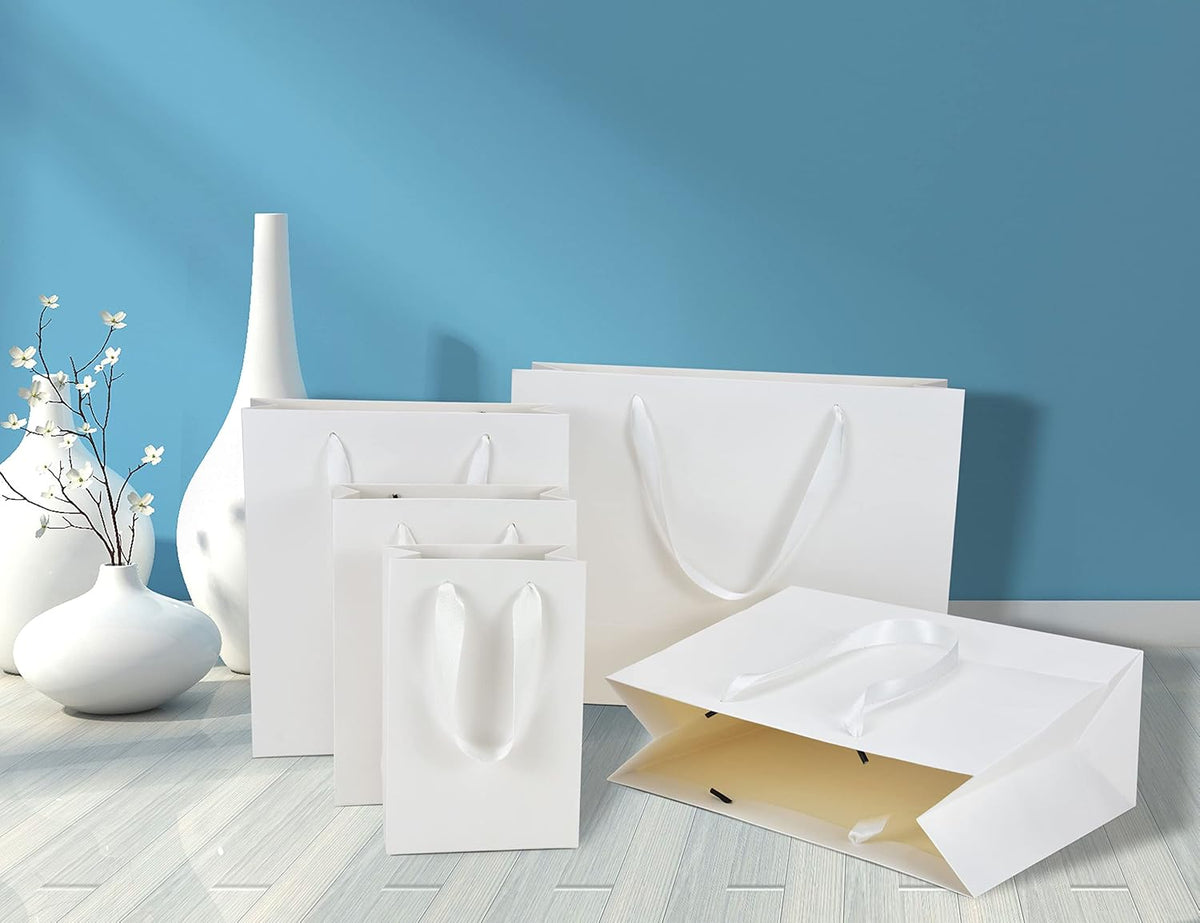 Large Paper Gift Bags with Handles, White, 20 Pack, 13x5x10 IN