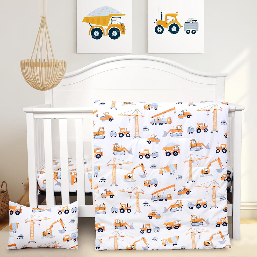 3 Piece Crib Bedding Set Soft Baby Crib Bedding Set Construction Trucks Crib Comforter Set - Comforter Sheet
