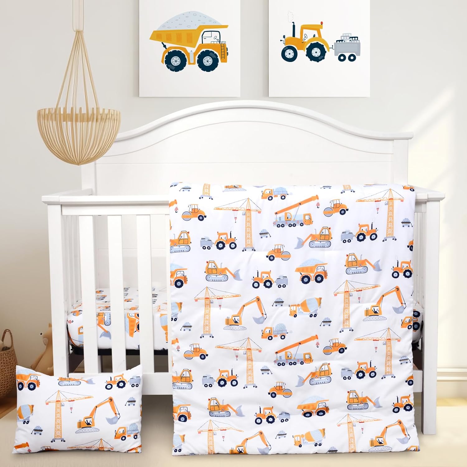3 Piece Crib Bedding Set Soft Baby Crib Bedding Set Construction Trucks Crib Comforter Set - Comforter Sheet