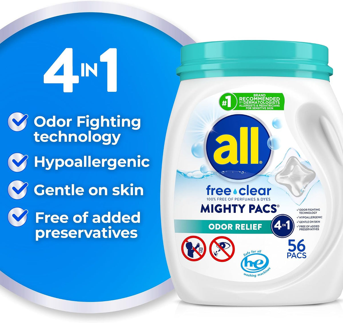Laundry Detergent Pacs for Sensitive Skin, Odor Relief, 72 Count