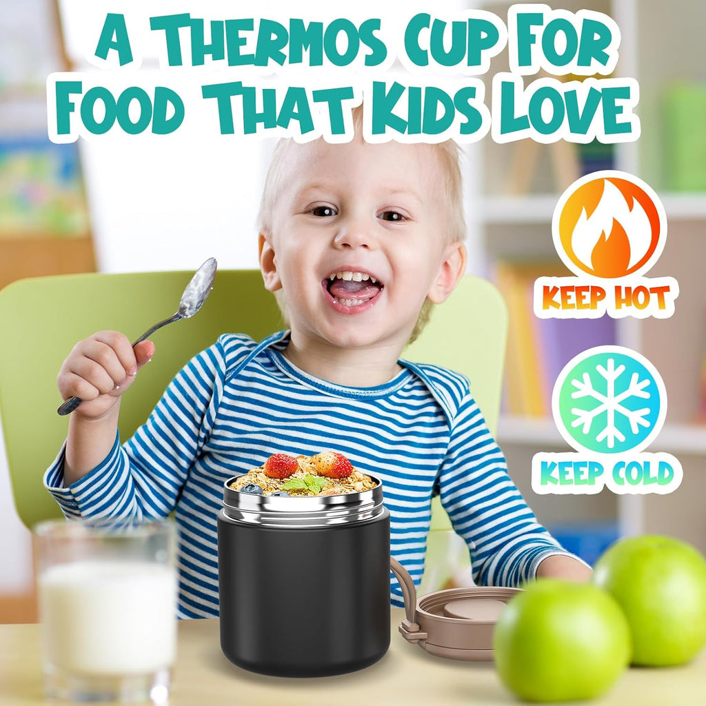 Thermo for Hot Food Kids - 15.2oz with Folding Spoon and Silicone handle | Leak Proof Insulated Food Jar, Soup