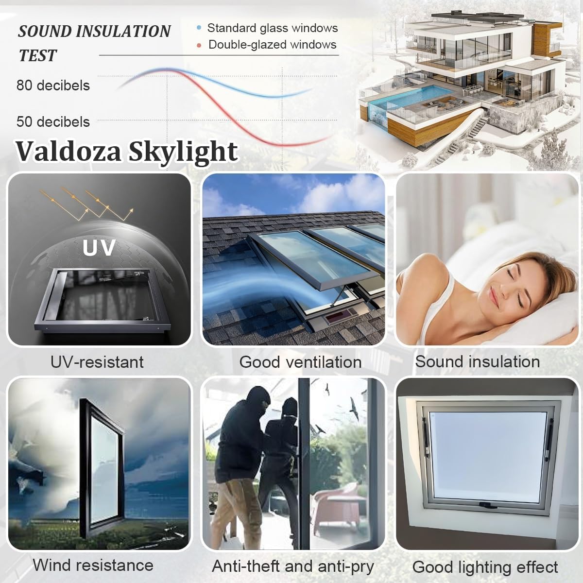 Customizable Roof Windows Skylight, Manual Vented Skylights for House Roofs, Double-Glazed Tempered Glass and