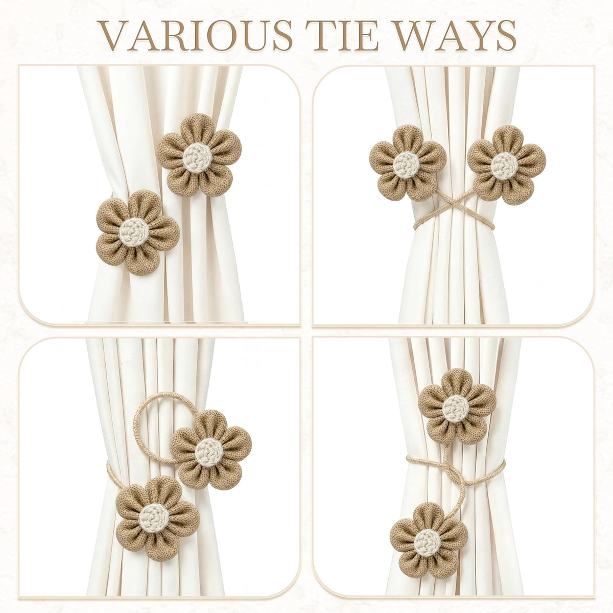 Curtain Tiebacks, Twisted Boho Curtain Holdbacks, Khaki, 2 Pcs