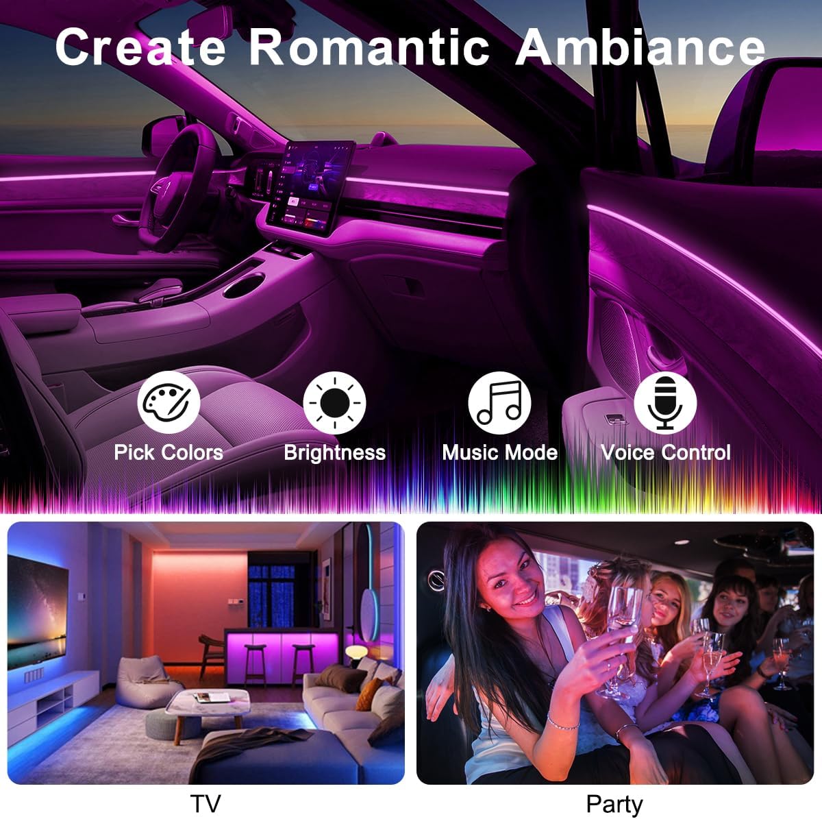Interior Car LED Strip Lights APP Control, 5 in 1 RGB 16 Million Colors Ambient Lighting Kit with 236 inches Fiber