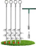 30" Heavy Duty Ground Anchors Screw in – 4 Pack Shed Anchor Kit with T-Handle & Drill Bit Adaptor, Chrome Plated