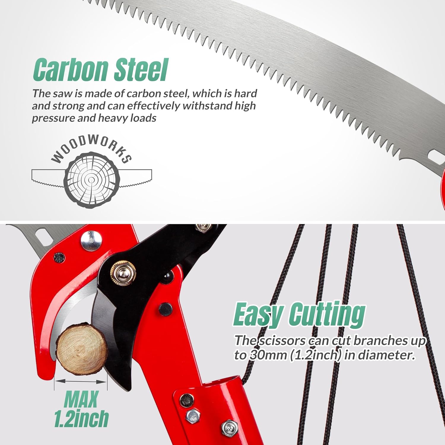 Pole Saw for Tree Trimming, 2-in-1 Tree Pruner with Saw & Pruning Scissors, 14FT Tree Trimmer, Quadruple Pulley