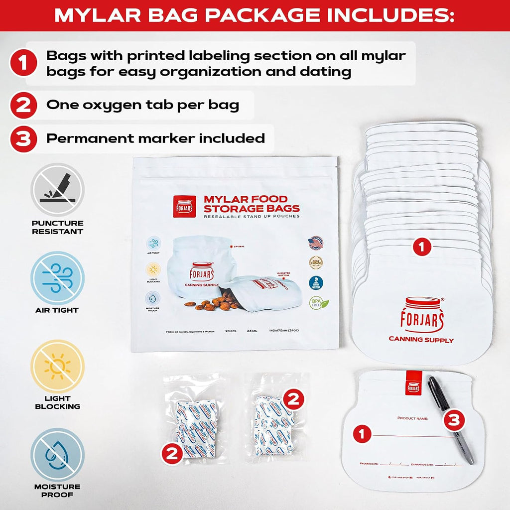 Extra Thick Mylar Bags for Food Storage - Smell Proof, Long Term-Food with Oxygen Absorbers, For Canning, Ziplock