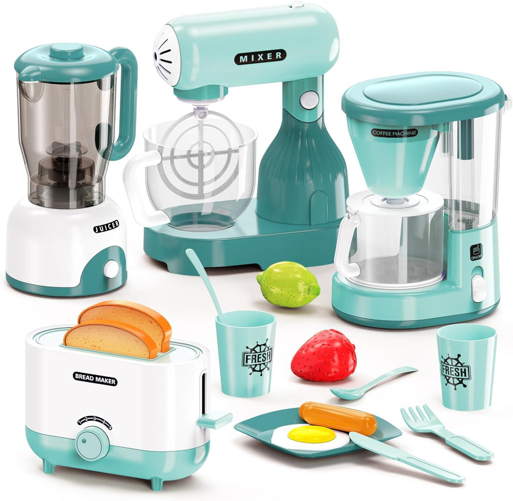 Kids Play Kitchen Accessories Toys Set, Pretend Play Kitchen Appliances Kit - Blender, Coffee Maker, Mixer, Toasters