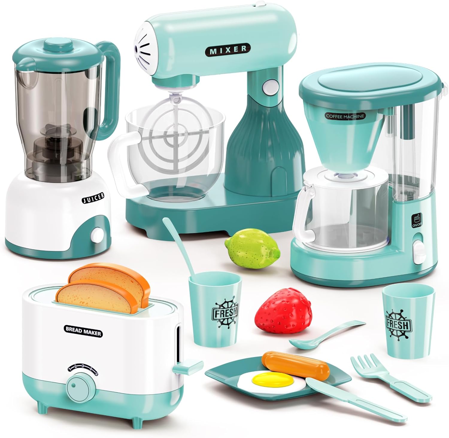 Kids Play Kitchen Accessories Toys Set, Pretend Play Kitchen Appliances Kit - Blender, Coffee Maker, Mixer, Toasters