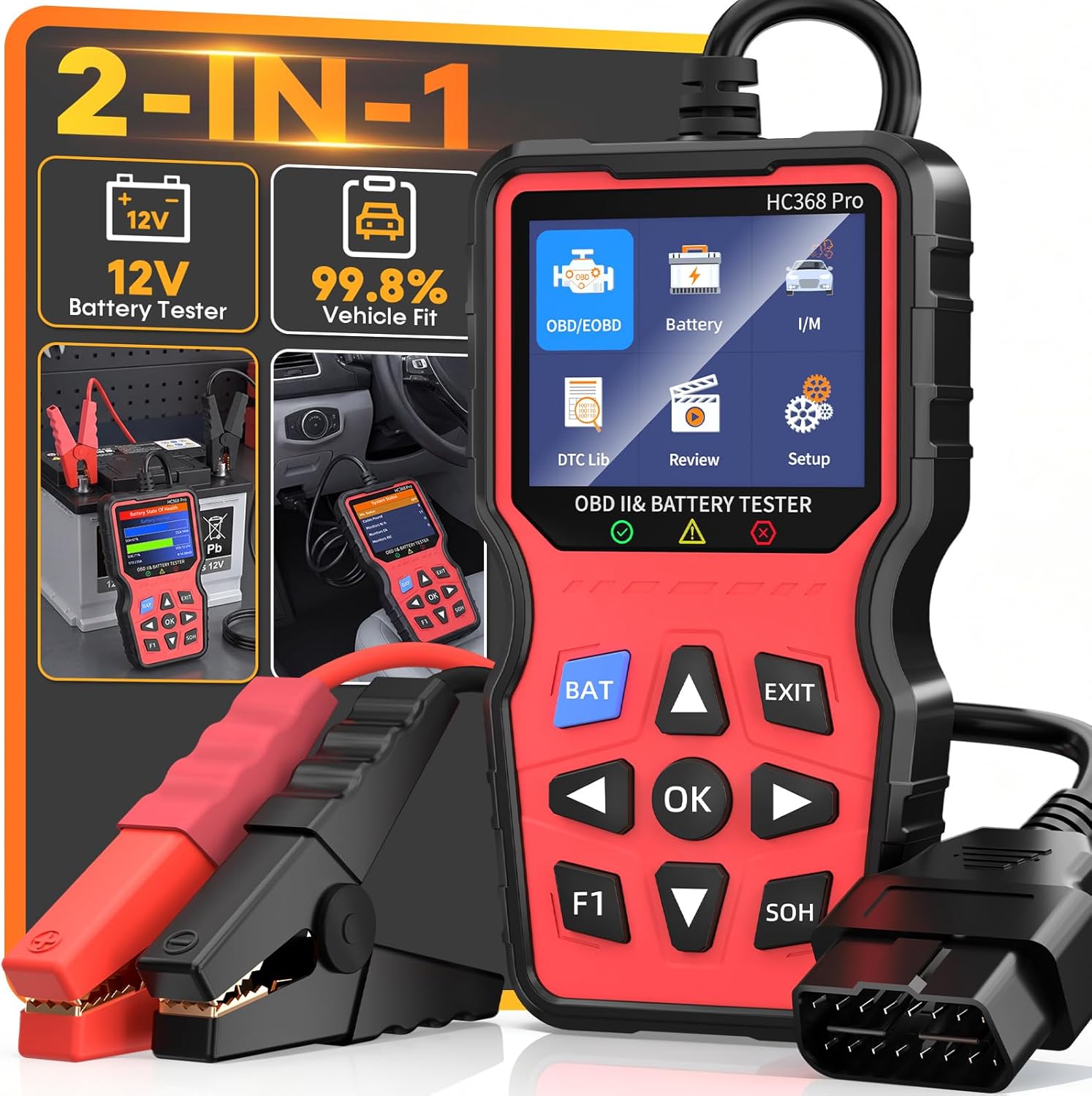 Easy to Use 2-in-1 OBD2 Scanner with Battery Tester: 1S Read & Clear Check Engine Codes + Test Battery in Mins - DIY