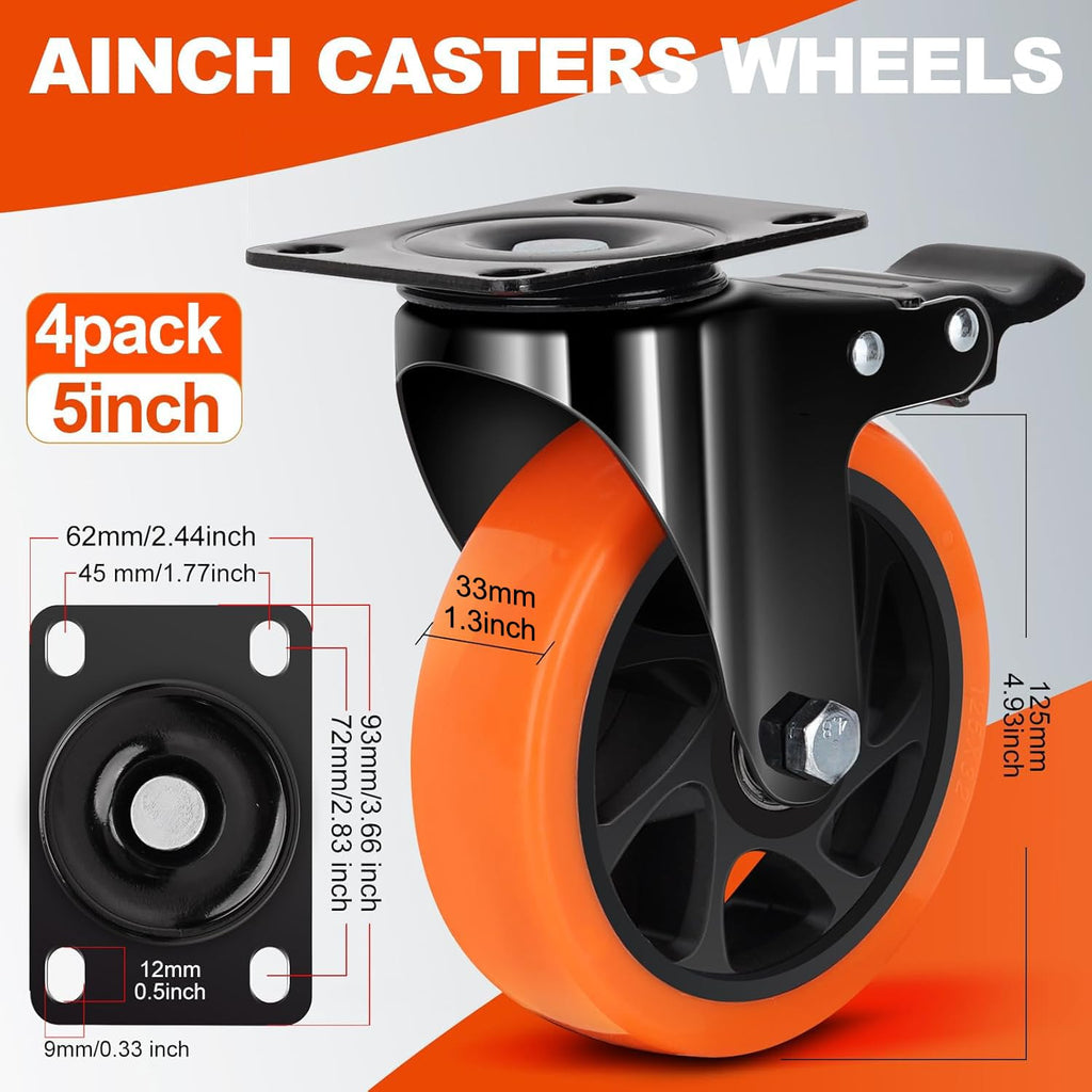 5 Inch Heavy Duty Orange Caster Wheel Set of 4,Dual Brake, Silence | Floor Protection, Stable Braking, Easy