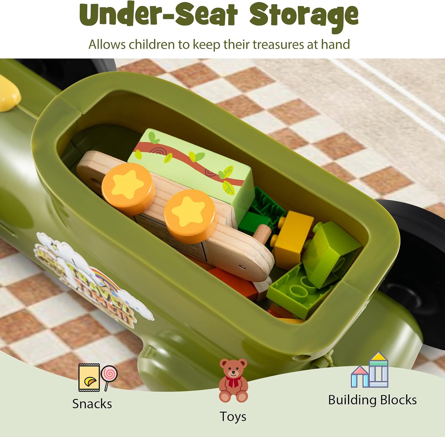 Ride On Push Car, Retro Kids Riding Toy with Steering Wheel, Train Whistle Sound & Under Seat Storage, Foot-to-Floor