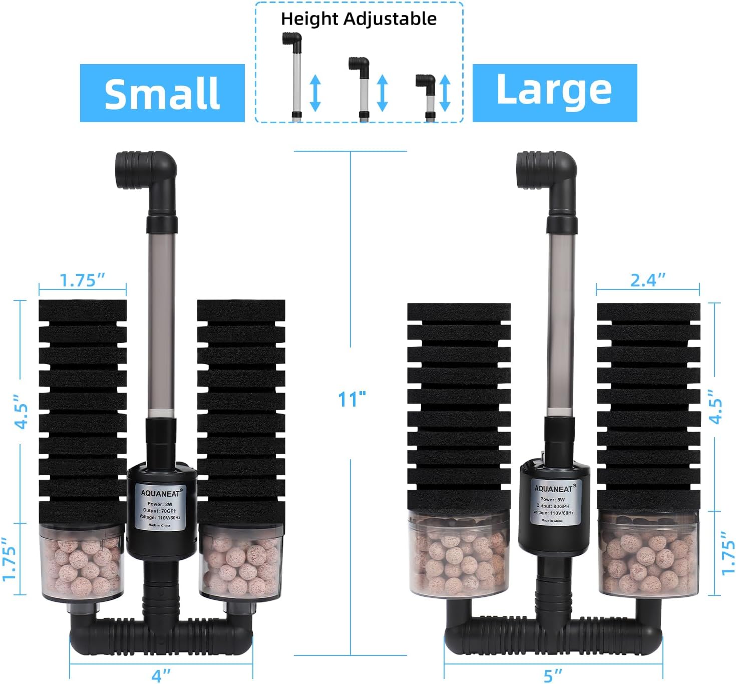 Aquarium Electric Sponge Filter for Fish Tank, with Pump, with 2 Extra Sponges, Middle up to 40Gal
