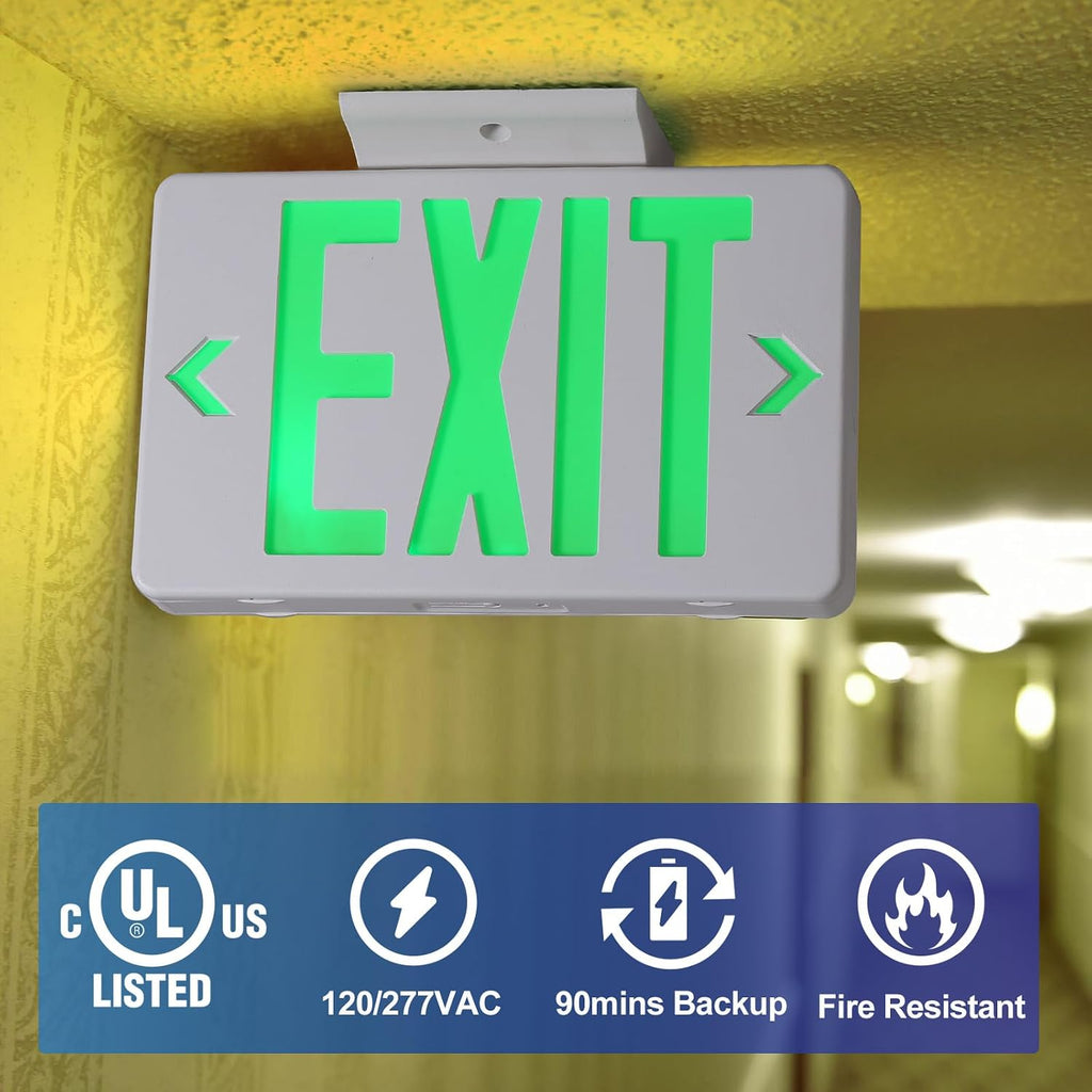 Green Exit Sign, LED Emergency Exit Light with Battery Backup, UL Listed, AC 120/277V, Hardwired Exit Signs with