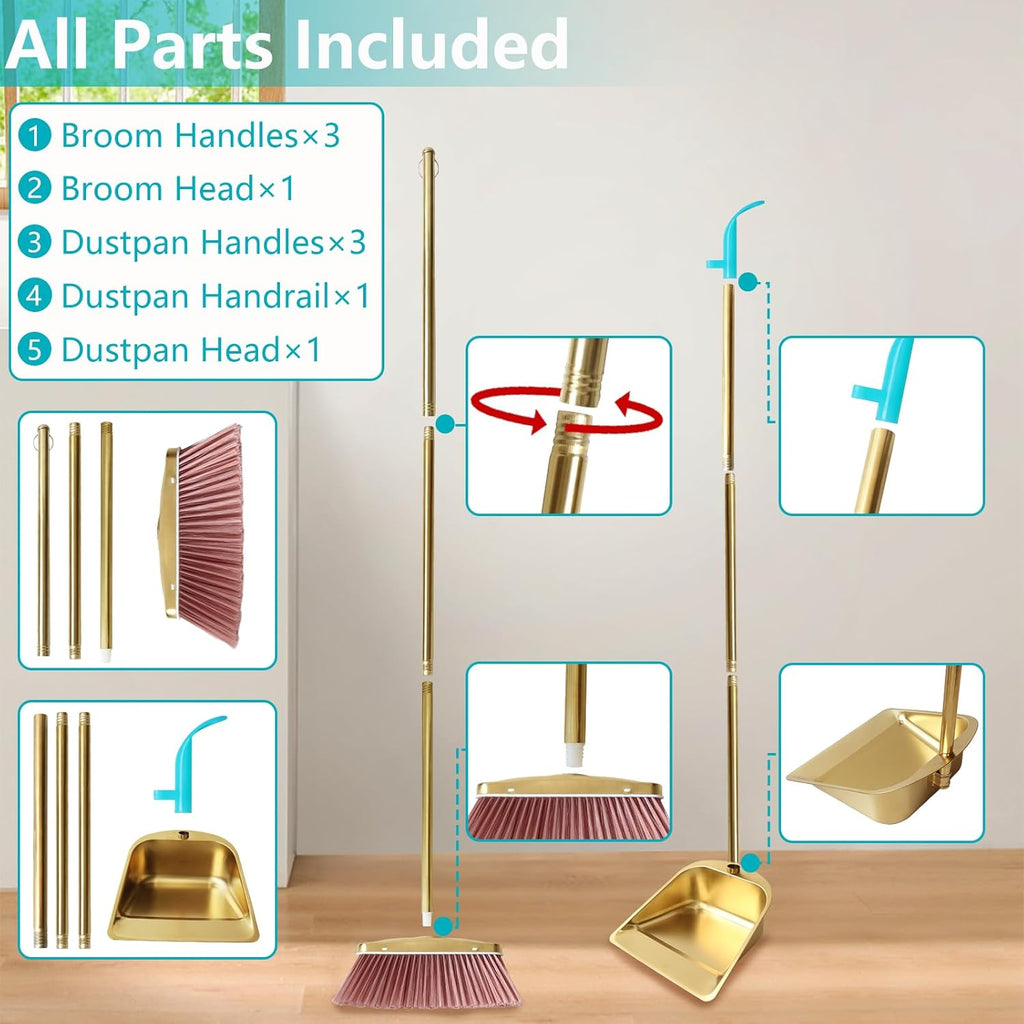 Gold Broom and Dustpan Set, Minimalist Upright Sweeper with Long Handle, Heavy Duty Stainless Steel Metal Dust Pan