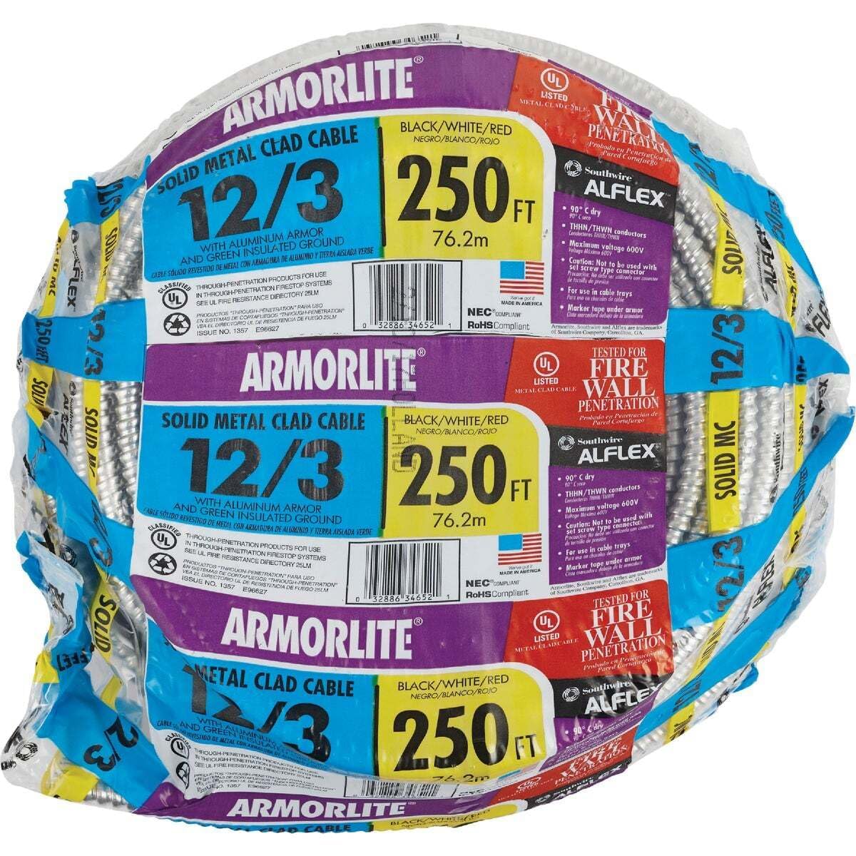 Armor lite Type Mc Aluminum Armored Cable, 12/3, 600 Volts, 250 Ft. Coil