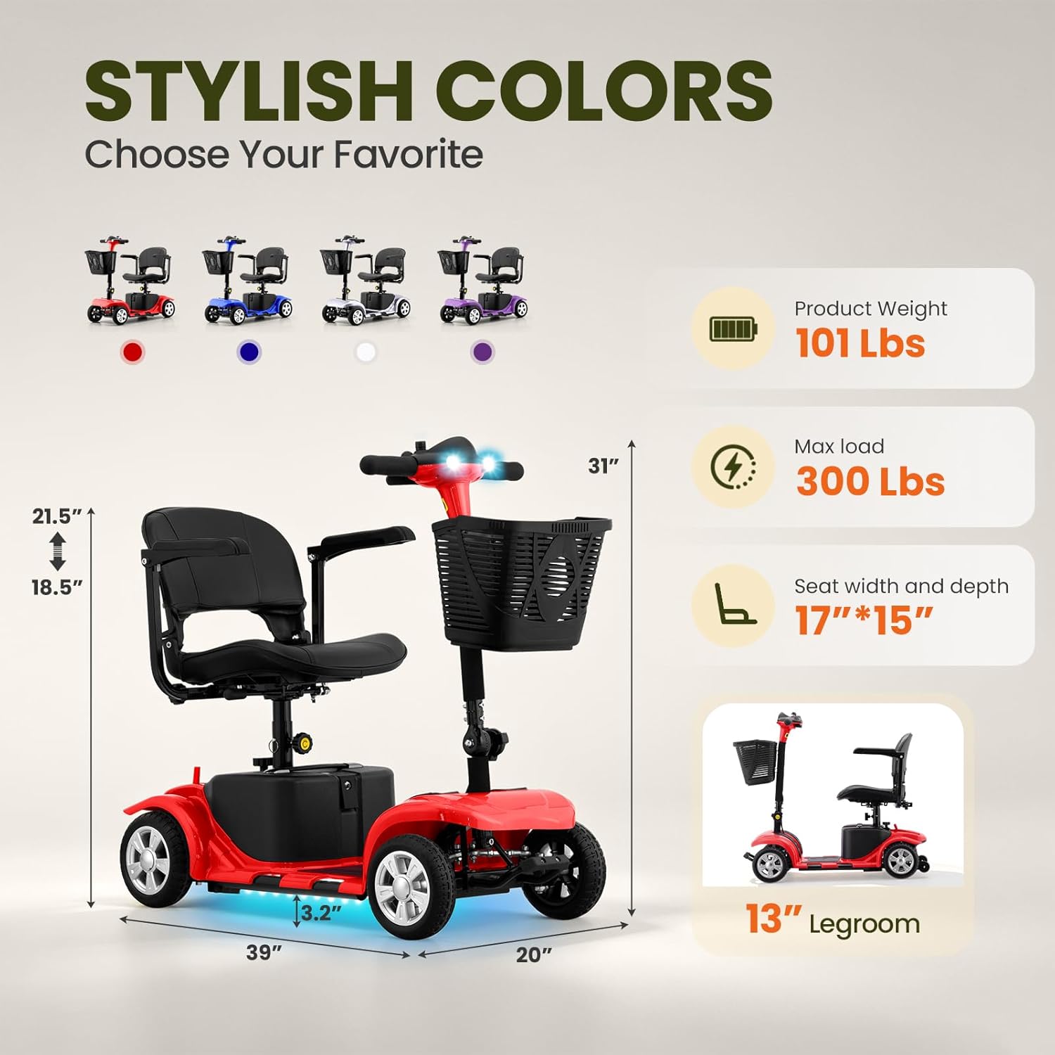 Mobility Scooter for Adults, Senior, 4 Wheels Electric Powered Chargeable Device for Travel, Lightweight and