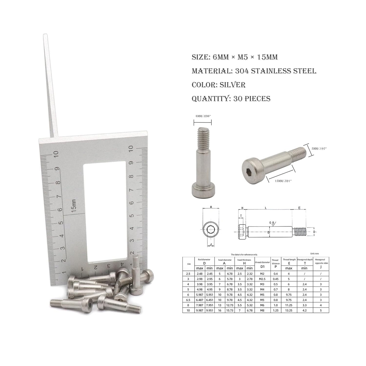 30pcs Hex Socket Shoulder Bolt, 6mm x M5 x 15mm Hex Socket Shoulder Bolt, 304 Stainless Steel (Silvery)