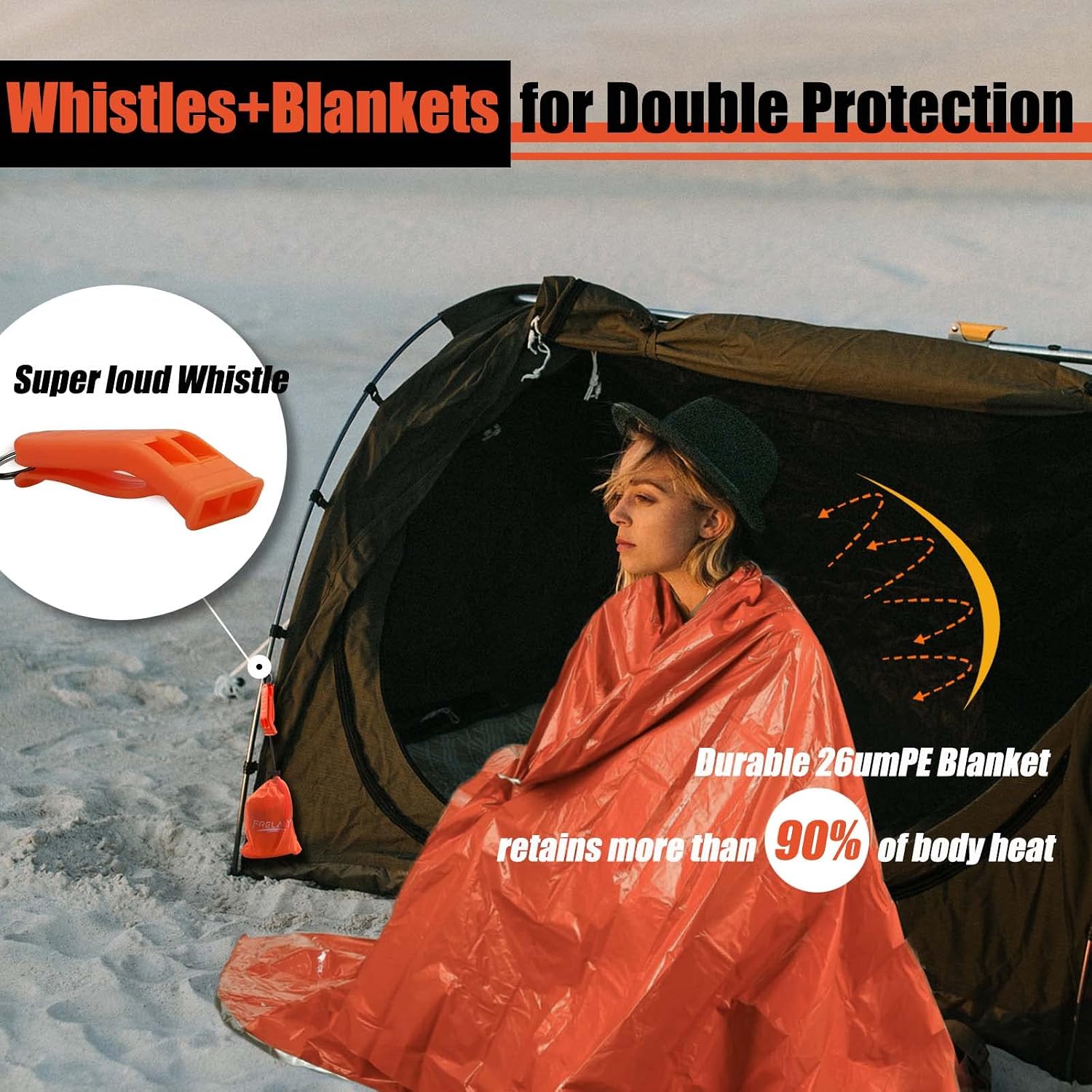 Emergency Blanket 2 Pack, Extra Thick Large Space Blankets | Emergency whistles included, EVA storage case, Heat
