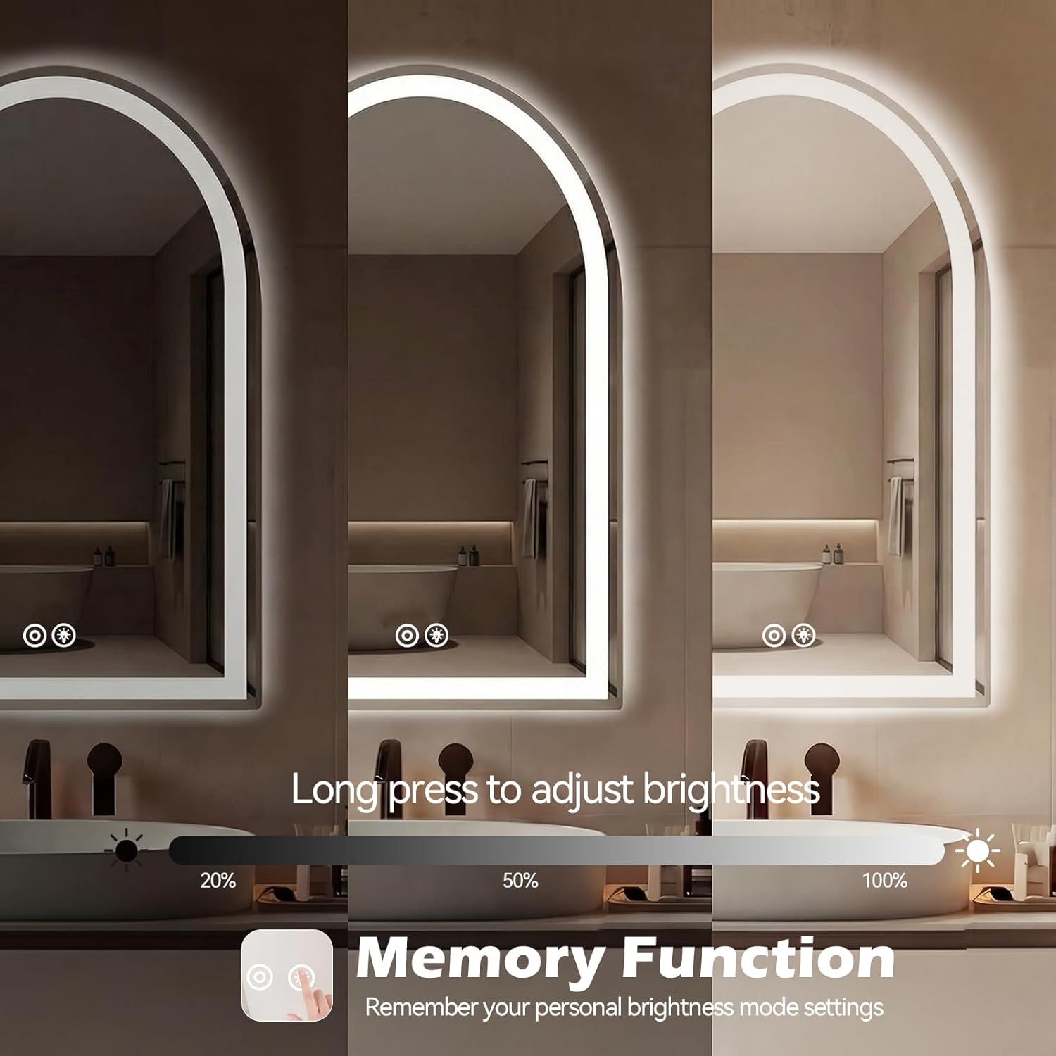 24"x36" LED Bathroom Mirror with Lights, Arched Vanity Mirror | Anti-Fog, Dimmable, 3-Color Light, Memory Function