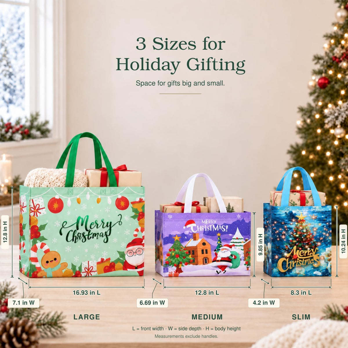 24 Pack Christmas Gift Bags Assorted Sizes Bulk with Handles