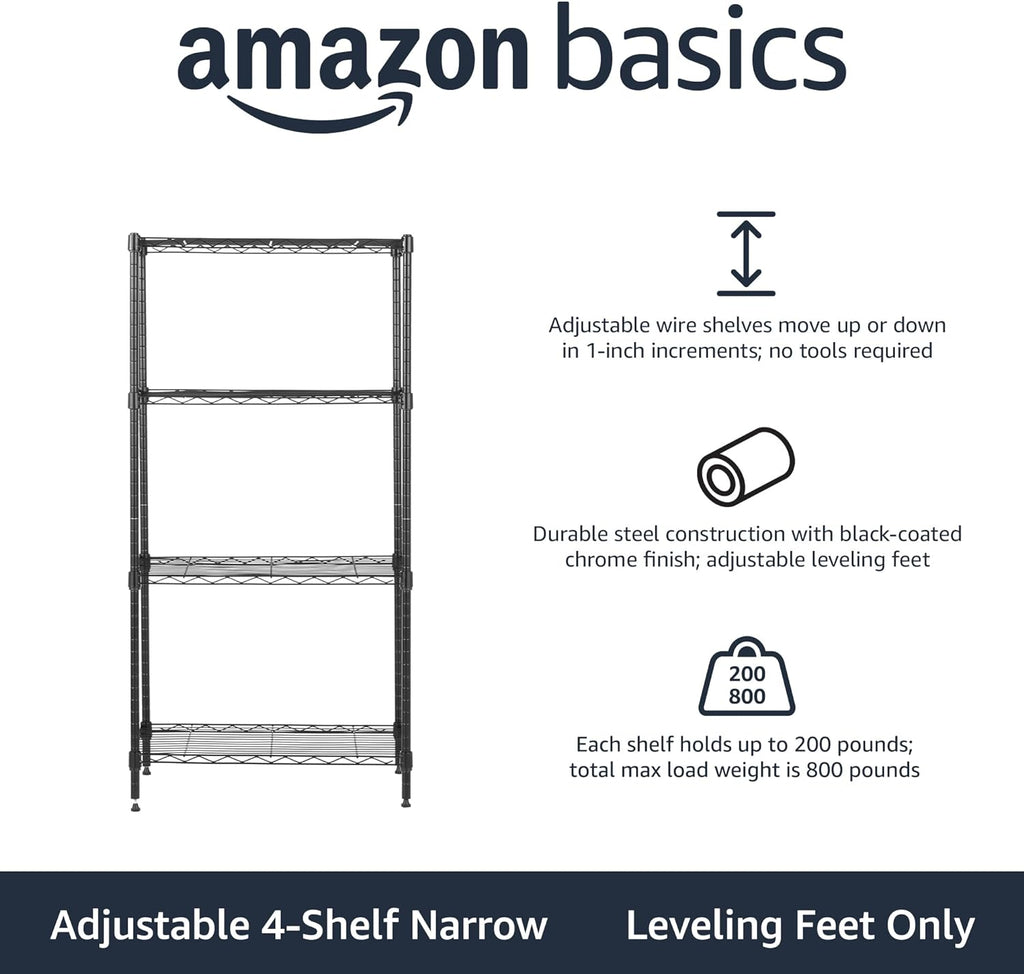 4-Shelf Steel Wire Storage Shelves for Garage, Adjustable Metal Shelving Unit, 200 lbs Per Shelf, 23.2" W x 48" H x