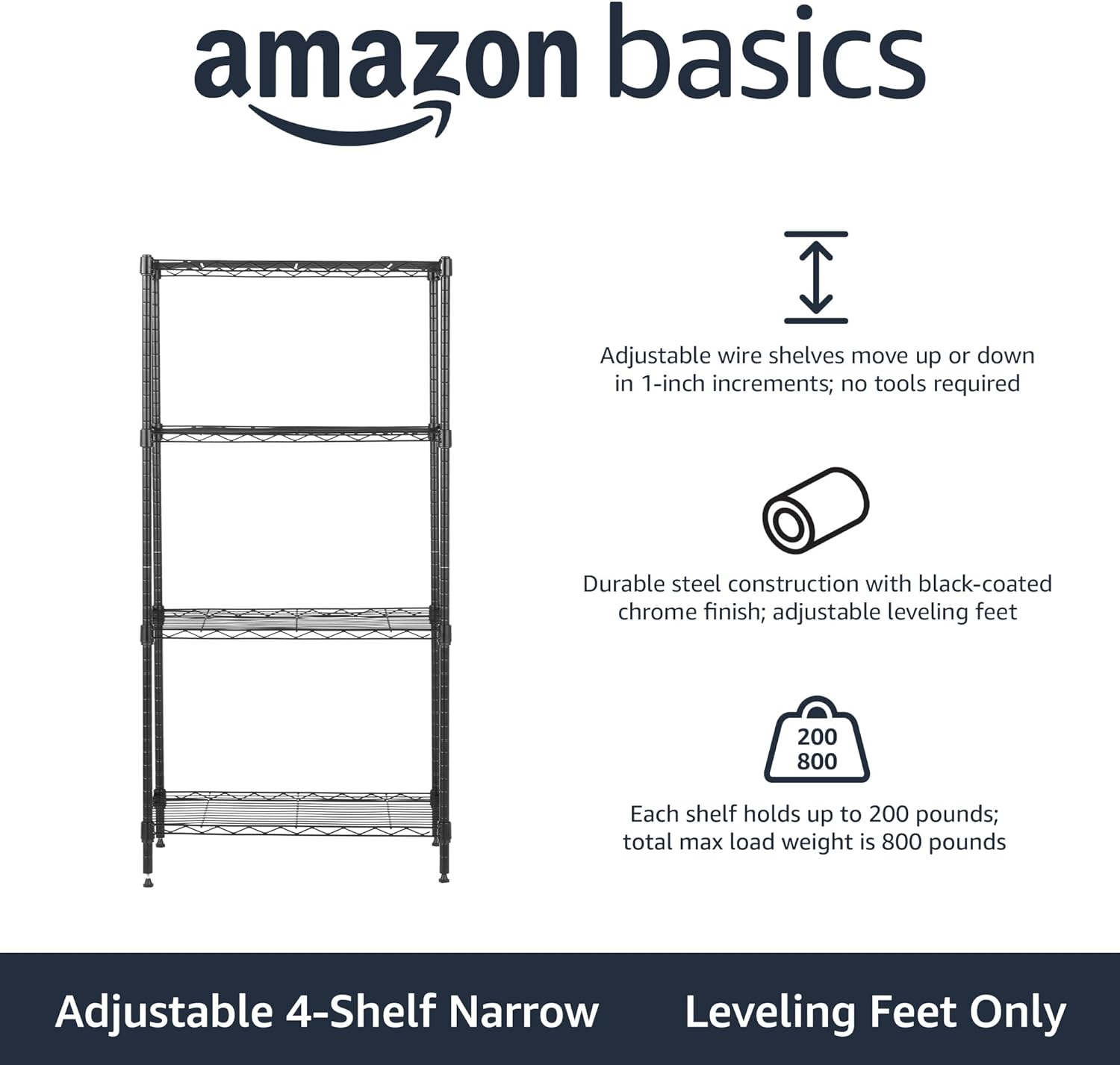 4-Shelf Steel Wire Storage Shelves for Garage, Adjustable Metal Shelving Unit, 200 lbs Per Shelf, 23.2" W x 48" H x
