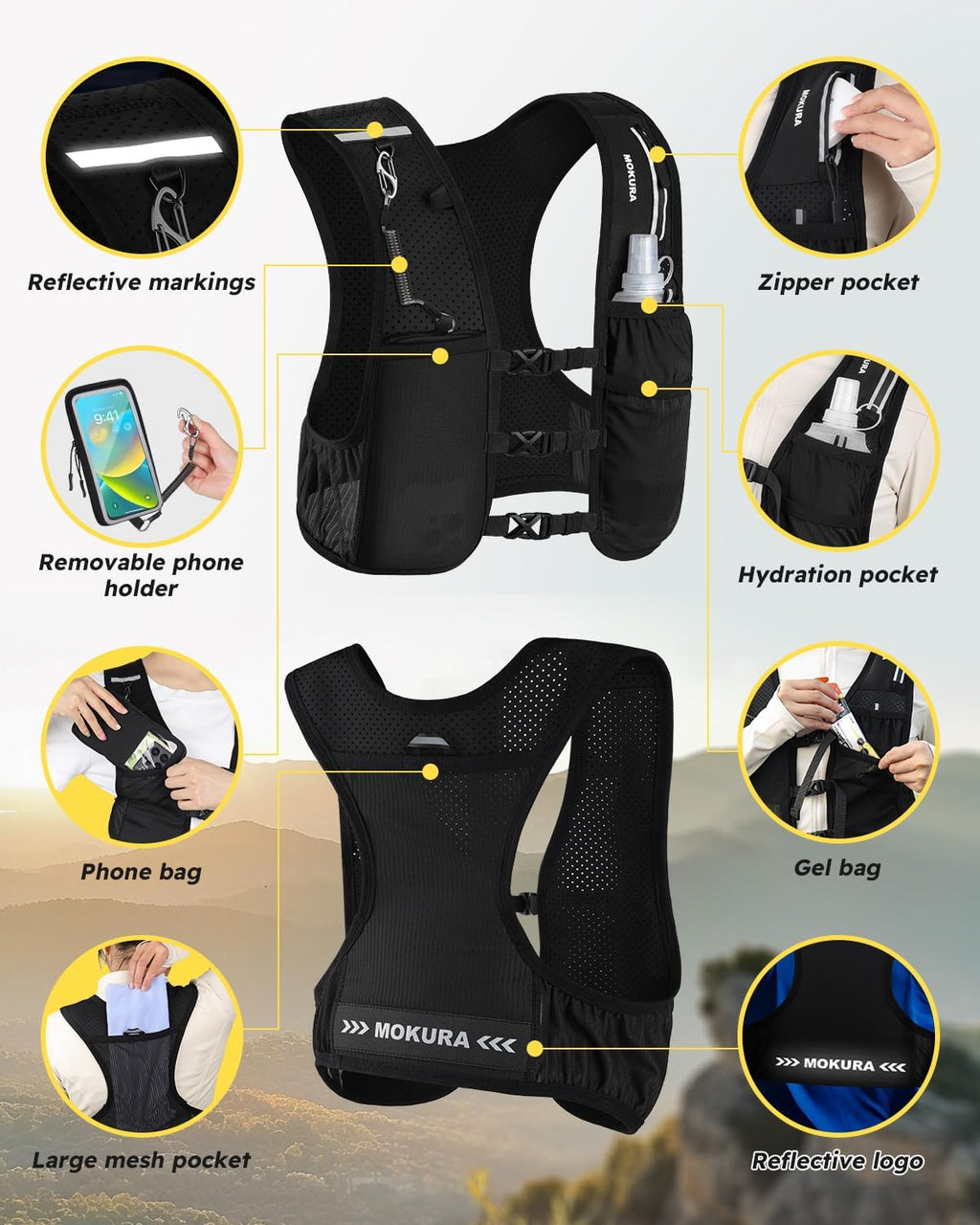 Running Vest for Women Men with 500ML Soft Flask & Phone Holder | Lightweight Hydration Vest | Reflective Running