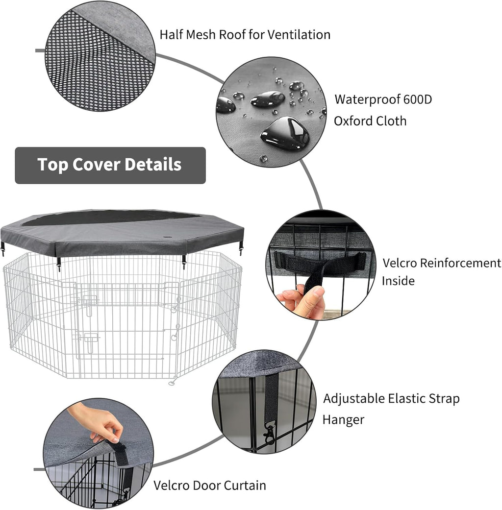 Top Cover Sun/Rain Proof Provide Shade and Security for Indoor Outdoor Dog Playpen Fits All 24" Wide 8 Panels Pet