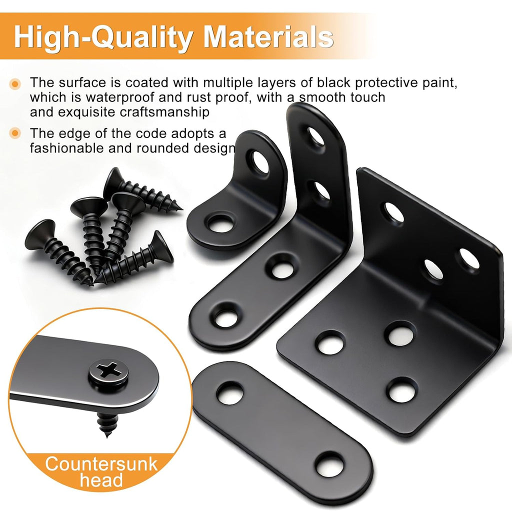 96PCS Black Straight Flat Metal Bracket & L Corner Brackets Mending Plates Stainless Steel Flat Brace Brackets Fixed