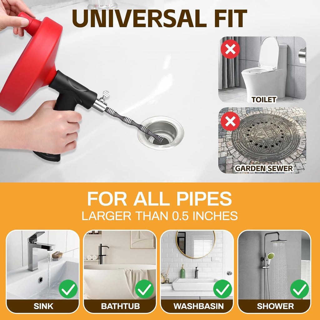 Drain Auger 33 ft, Plumbing Snake Hair Clog Remover | Drain Snake Flexible Grabber Heavy Duty Sink Cleaner Tools for