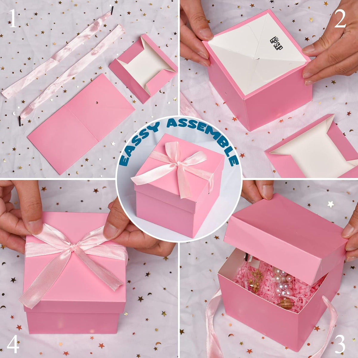 Gift Box with Lid & Ribbon for present, 12pcs, Pink, 6"×6"×6"