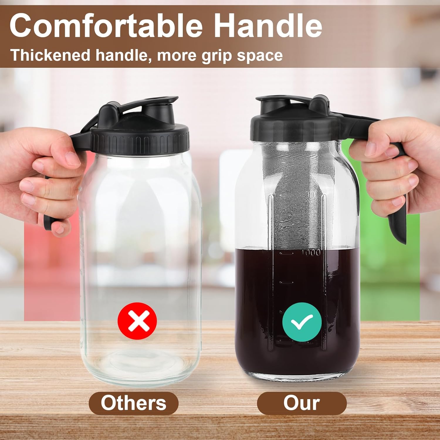 Cold Brew Coffee Maker Pitcher, 64 Oz Heavy Duty Glass Mason Jar Pitcher with V-shaped Pour Spout Handle