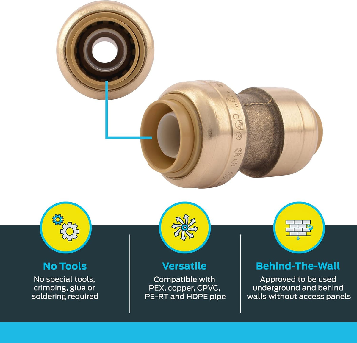 SharkBite 3/8 inch (1/2 inch OD) x 1/2 inch Reducing Coupling, Push to Connect Brass Plumbing Fitting, PEX Pipe, Copper, CPVC, PE-RT, HDPE, U009LFA