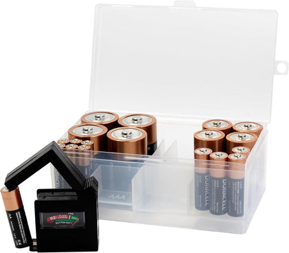 Dial Industries Battery Organizer Case with Tester for 12 AAA 12 AA 6C 4D | Built in gauge checks charge before use
