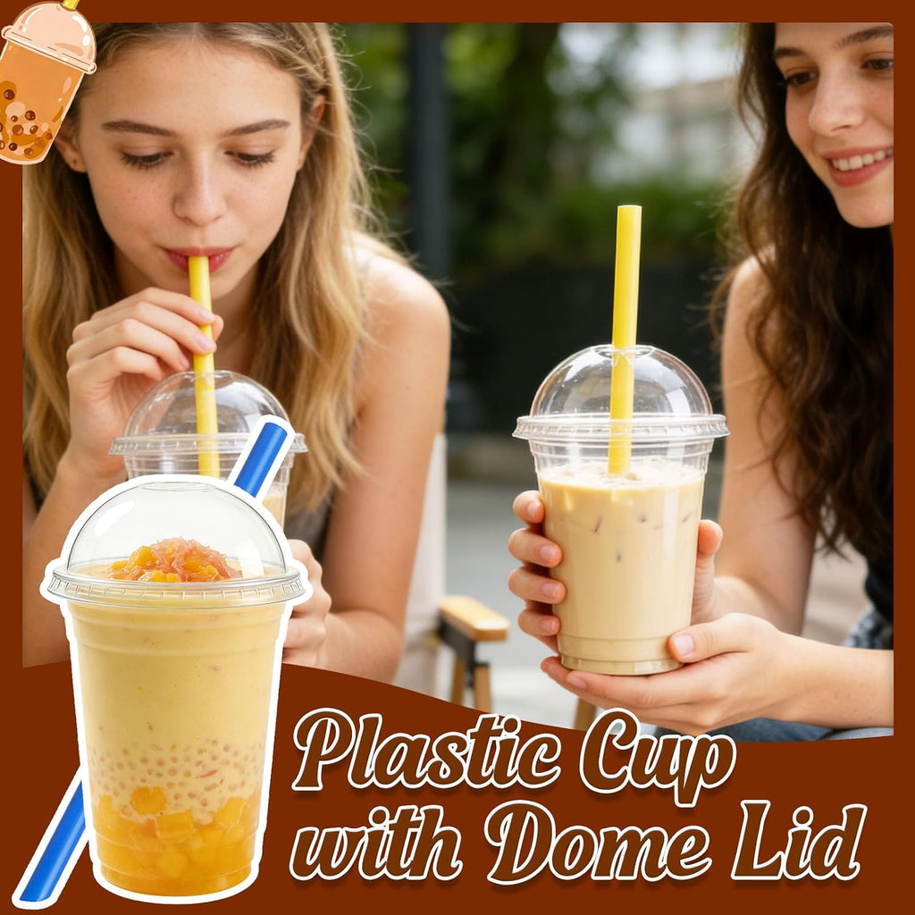 50 Sets 16 oz Clear Plastic Cups with Dome Lids and Straws